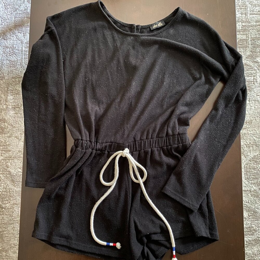 Dee Elle Black Long Sleeve Romper Drawstring Waist Casual Chic